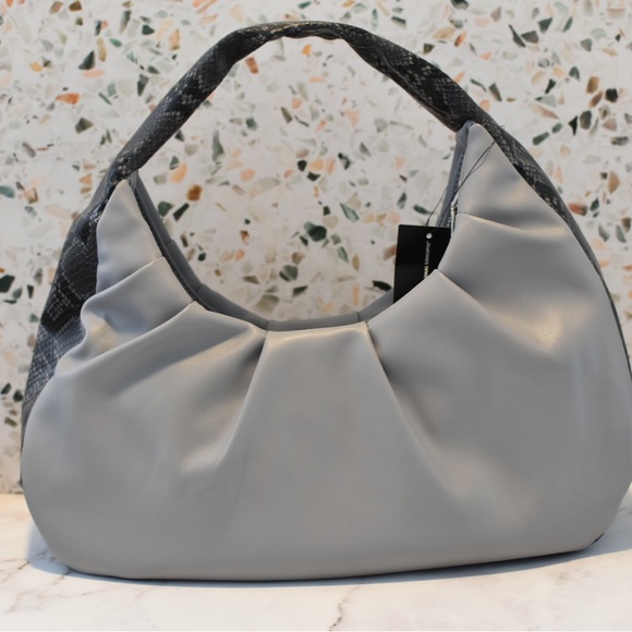 INC KJ Shoulder-Bag Gravity Snakeskin Trim Hobo Handbag Grey Top Zip Puffer - Picture 1 of 3